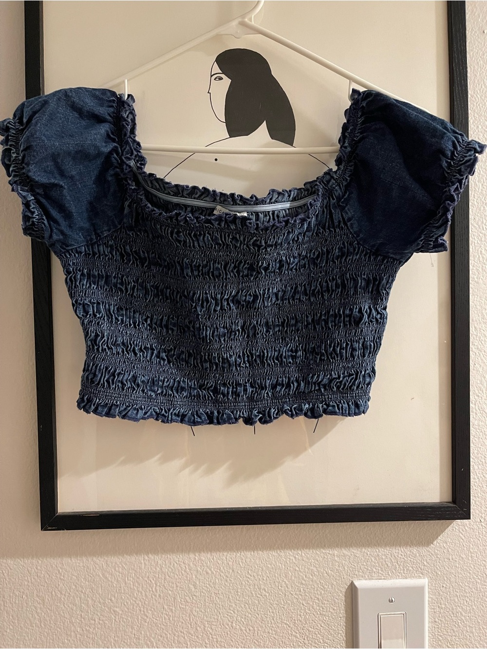 American Eagle Outfitters Navy Blue Smocked Off-Shoulder Crop Top